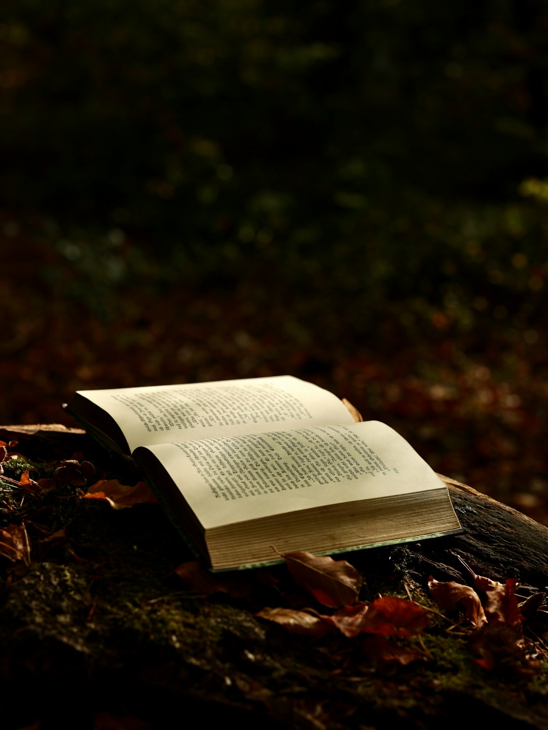 An open book rests on a mossy log among autumn leaves.